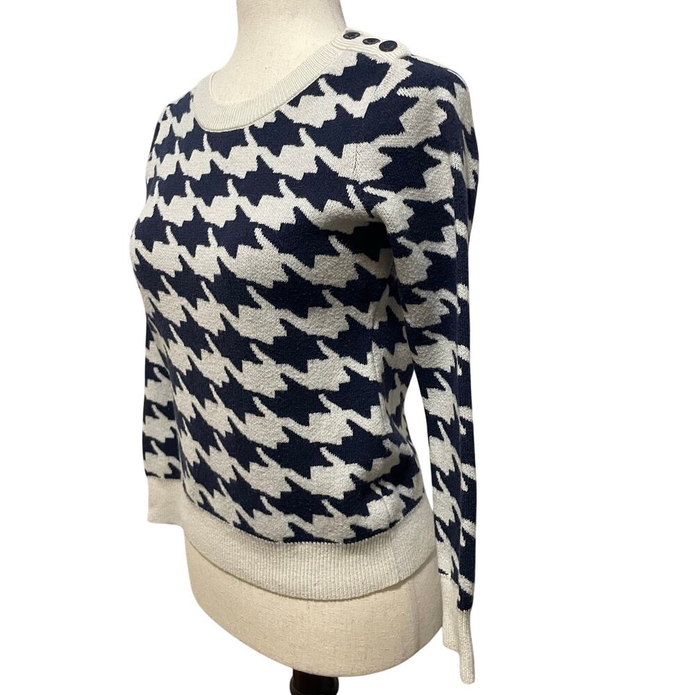 GAP Women's Houndstooth Sweater Preppy Pullover Buttons Petite sz S Navy Cream